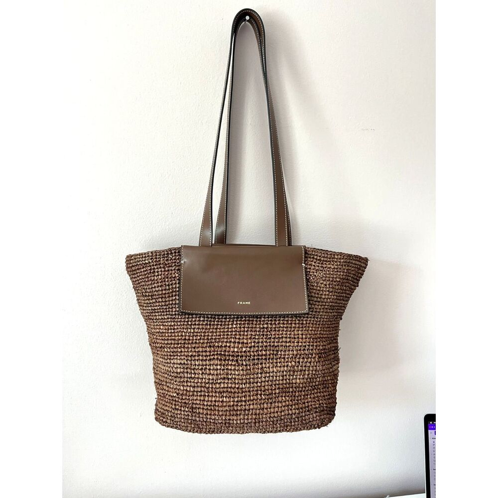 FRAME Le Market Tote Bag Straw Leather Espresso Brown Designer Quiet Luxury